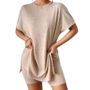 Shein Matching Set Comfy Short Sleeve Relaxed Fit Tee & Biker Shorts Cream Tan